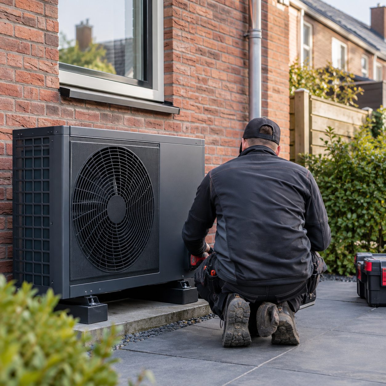 Installateur bij een warmtepomp naast een bakstenen woning, van achteren gezien